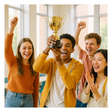 4 étudiants célébrant avec un trophée, ambiance chaleureuse, style moderne et lumineux, bright and modern atmosphere sticker