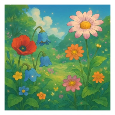 whimsical flower fantasy scene, lush and magical sticker