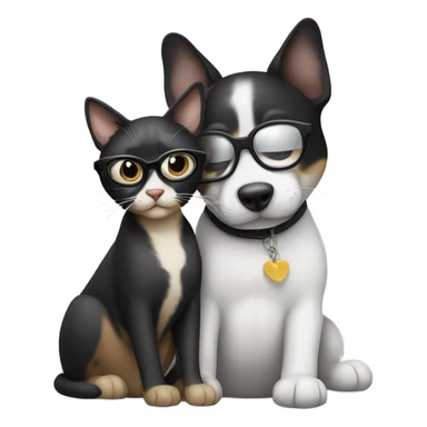a cat in black glasses hugs a dog in black glasses sticker
