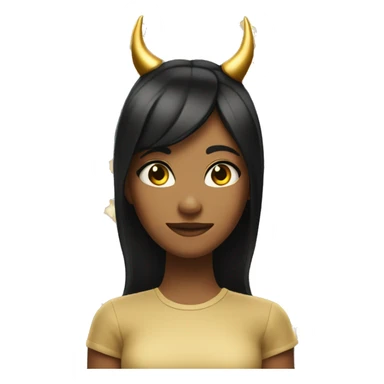 Girl with tan skin devil horns with white and gold on each side gold shirt black hair sticker