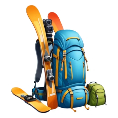 Icon for Mountain Tourism: a snowy peak with skis, a snowboard, climbing equipment, a backpack and a camera. The icon should represent the adventure and excitement of mountain travel and outdoor exploration. Transparent background. sticker