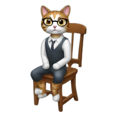 a cat phd student sit on a chair desk with glasses and dress sticker