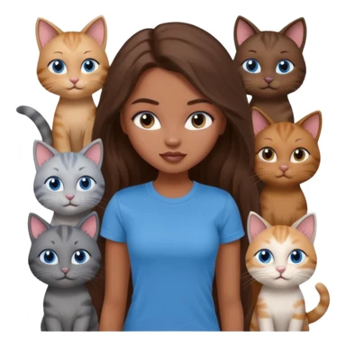 a pretty bratz dusky girl with long brown hair, blue eyes with six cats nd wearing a grey tshirt sticker
