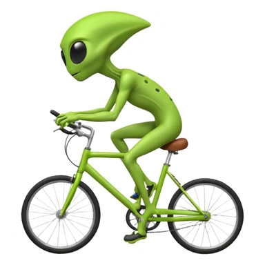 green alien riding a bicycle, big black eyes, thin body, casual cycling pose, playful sci-fi vibe, 3D cartoon, mobile game icon style, clean background, no text, no watermark
 sticker
