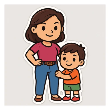 Create an image of a confident mom with a child by her side in the style of cartoonish stickers. The style is sticker, which does not support text editing, so use the general style editor to replicate the sticker look. sticker
