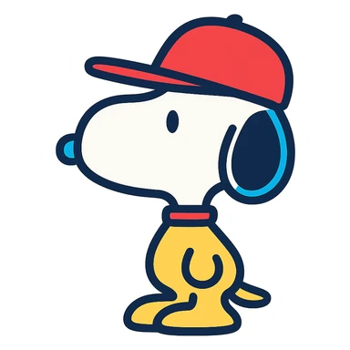 Snoopy, outlined and colorful, wearing a red hat sticker