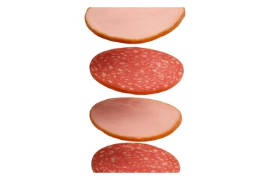 fettine di prosciutto cotto e di salame fluttuano in aria verticalmente, IPERREALISTICA 4K sticker