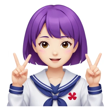 Energetic anime girl with short purple hair wearing Japanese sailor style school uniform, winking and making double peace signs, very cheerful and bubbly, kawaii style sticker