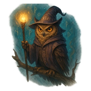 A wise owl wizard in a fantasy style, perched on a branch, glowing staff, ancient runes, mystical background. sticker