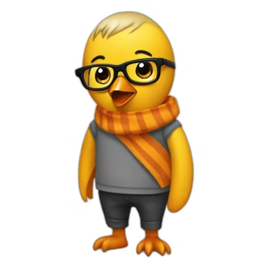 Club-Pengun-yellow penguin with black glasses dirtyblonde hair with orange tshirt and gray striped scarf sticker