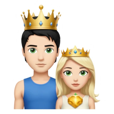 Prince with crown, black hair, body, legst, blue eyes, woman blonde hair, green eyes, sexy white short sleveless dress,  sticker