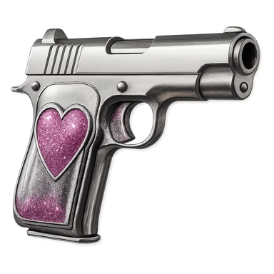 Add sparkling glitter details to the chrome pink heart pistol, keeping the shiny metallic reflections, with no background. sticker