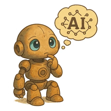 ghibli style cute robot with expressive eyes and a floating thought bubble, symbolizing AI thought sticker