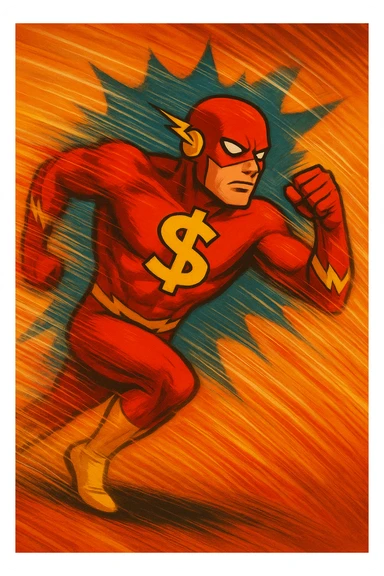 Show the superhero running at high speed with strong motion blur, speed lines, and wind effects to visualize velocity. Keep the bold money symbol visible and prominent. sticker
