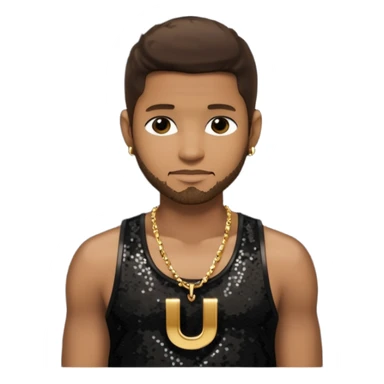 Usher with dark brown hair, black sequin tank top, necklace with letter u sticker