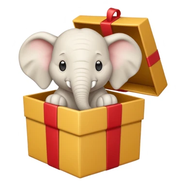 A white elephant popping out of a gift box sticker