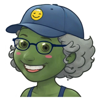 a female, yellow faced emoji, simple style, big smile, winking, blue ball cap on backwards, cartoon, curly grey hair, no eye color, glasses sticker