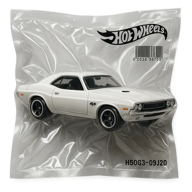 white 1971 Dodge Challenger Hot Wheels toy car, glossy, inspired by the movie 'Death Proof' sticker