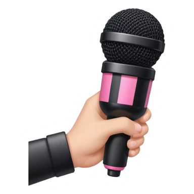 hand holding black stage microphone with pink strip on bottom sticker