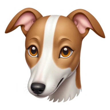 Cinematic Cute White and Brown Greyhound Portrait Emoji, Head tilted playfully and inquisitively, featuring a smooth white Fur with vibrant brown accents and round, sparkling eyes filled with curiosity, Simplified yet irresistibly adorable features, highly detailed, glowing with a warm, friendly glow, high shine, affectionate and nimble, stylized with a touch of whimsy, bright and endearing, soft glowing outline, capturing the essence of a mischievous yet loving racer, so playful it feels like it could sprint out of the screen and into your arms! sticker