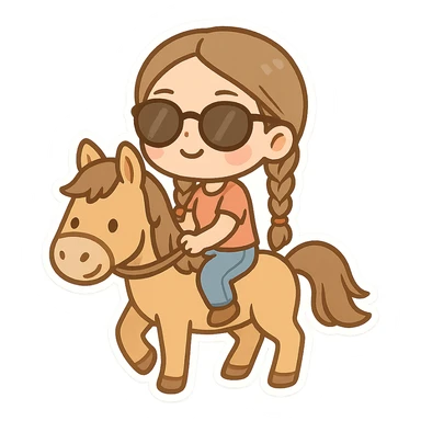 cute woman with braids and sunglasses, sitting on a horse, fun cartoon style emoji sticker