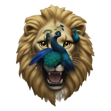 a face of a half lion and peacock bighting a black rose sticker