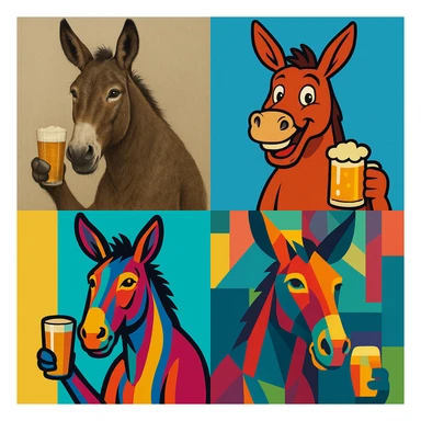 a mule holding a beer, four distinct visual styles sticker