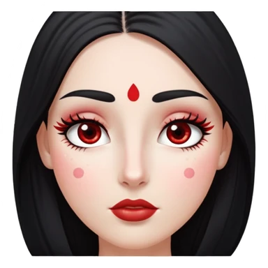 White girl with long oval shaped face, large almond shaped eyes with long eyelashes, long straight black hair falling in front of her bare shoulders, face closeup, with red and white gopi dots decorating her forehead above eyebrows sticker