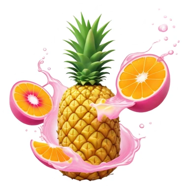 Golden pineapple, orange mango slices, pink papaya pieces, and a swirling white kefir drink floating around a glowing stomach. Light streams flow through the digestive system, showing enzymatic action dissolving blockages. sticker
