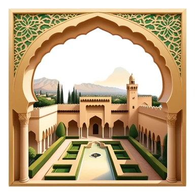 ​Cinematic Realistic Alhambra, depicted as a panoramic, zoomed-out view of the entire majestic Moorish palace complex with intricate arches, expansive courtyards, and lush gardens stretching into the distance, bathed in soft golden light that accentuates its opulent historical grandeur, sticker