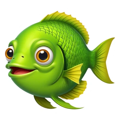 extremely goofy bright lime green fish with huge bulging eye and dopey smile, looking incredibly stupid and friendly, perfect flat side profile facing right, exactly 90 degrees, one eye visible sticker