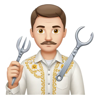 A Ukrainian man in a white embroidered shirt holds a spanner in one hand and scissors in the other sticker