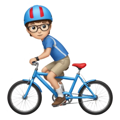 12 year old boy with short brown hair and a fringe, round glasses, blue eyes, riding a blue bike, wearing a red helmet sticker