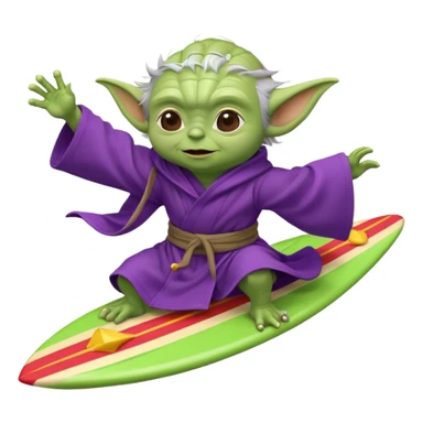 yoda in a purple robe flying in a rocket like surfing sticker