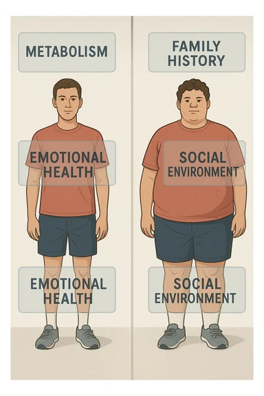 a split illustration showing two individuals with similar lifestyles but different body types. Around them, transparent overlays display factors such as metabolism, family history, emotional health, and social environment, highlighting the complexity behind body weight differences. The background is neutral and modern. realistica sticker