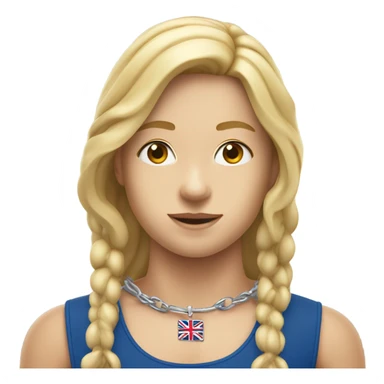 A girl with long blonde hair with wide shoulders wearing a Great Britain rowing swimming suit and has small muscles and add a necklace that has a sea shell pendant on it. She must have a  necklace is around the neck and the pendant is on her chest sticker