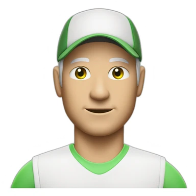 Tennisplayer white male in his 50s,Green-eyes, gray-hear, white cap with tennis-raquet and tennis-ball sticker