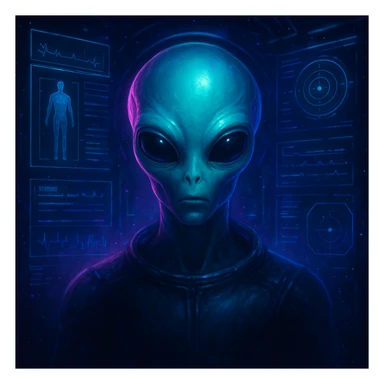 Epic alien inspired by the reference image, surrounded by holographic life support stats, cinematic lighting, glowing blue and purple highlights, no text, no controller, no hoodie, focus on sci-fi atmosphere, in a detailed sci-fi style. sticker