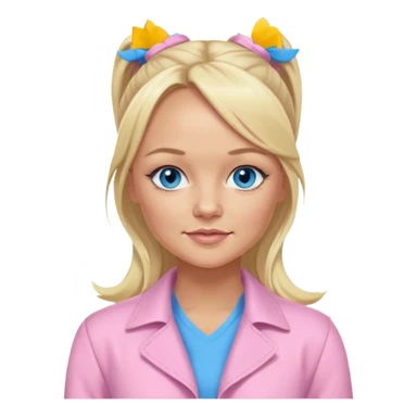 Emma Bunton with long blonde ponytail hair, blue eyes, light pink outfit sticker