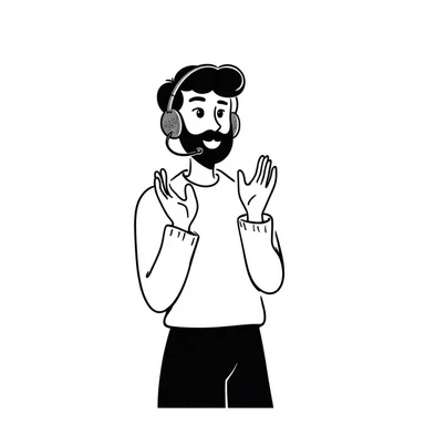 Anime style man with black hair, brown eyes, and black beard wearing gaming headset and clapping in celebration, anime art style sticker