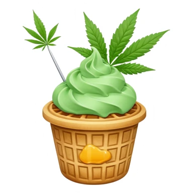 gelato in a waffle cup with cannabis leaf sticker