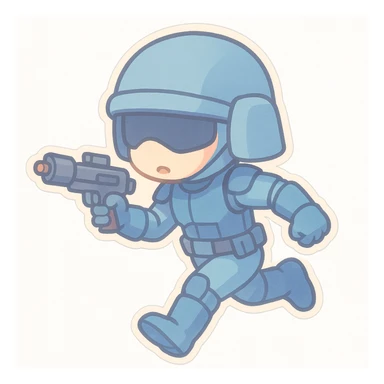 chibi sticker of a sci-fi soldier in a mostly blue uniform, running with a blaster, dynamic pose, pastel colors, white background sticker
