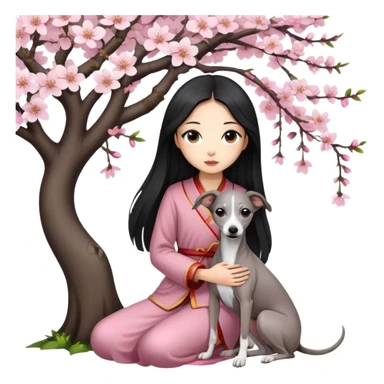 A young Chinese girl with long black hair and a dark grey Italian Greyhound with absolutely no white marks on its body or nose sitting under a cherry blossom tree sticker