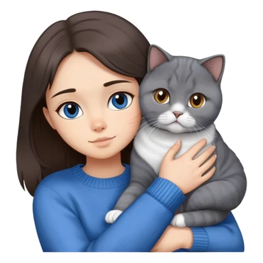 a girl with long dark brown hair in a blue sweater hugs a scottish fold gray and white one cat . sticker