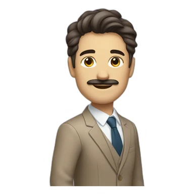 Man with light brown suit, dark hair and small mustache waving sticker