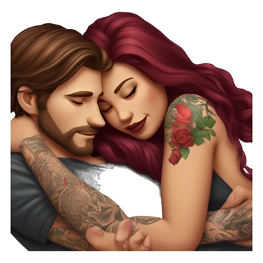 Beautiful tattooed burgundy long haired woman laying on the boyfriends chest sticker