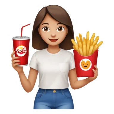 a young woman full length with cola in one hand and french fries in the other hand and a painting under her arm walking left sticker