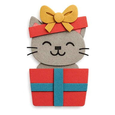 cat inside a gift box with a ribbon on head, smiling, paper-craft style sticker