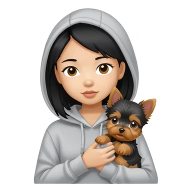 a black-haired asian girl in a gey hoodie with a yorkie puppy sticker