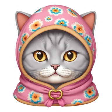 A british shorthair peach cat wearing a colorful babushka sticker